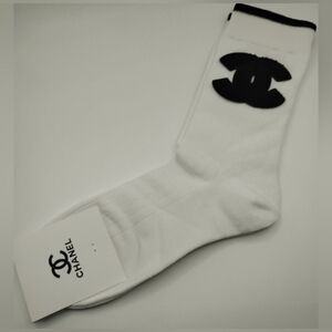 CHANEL White Crew Socks with Black CC Emblem